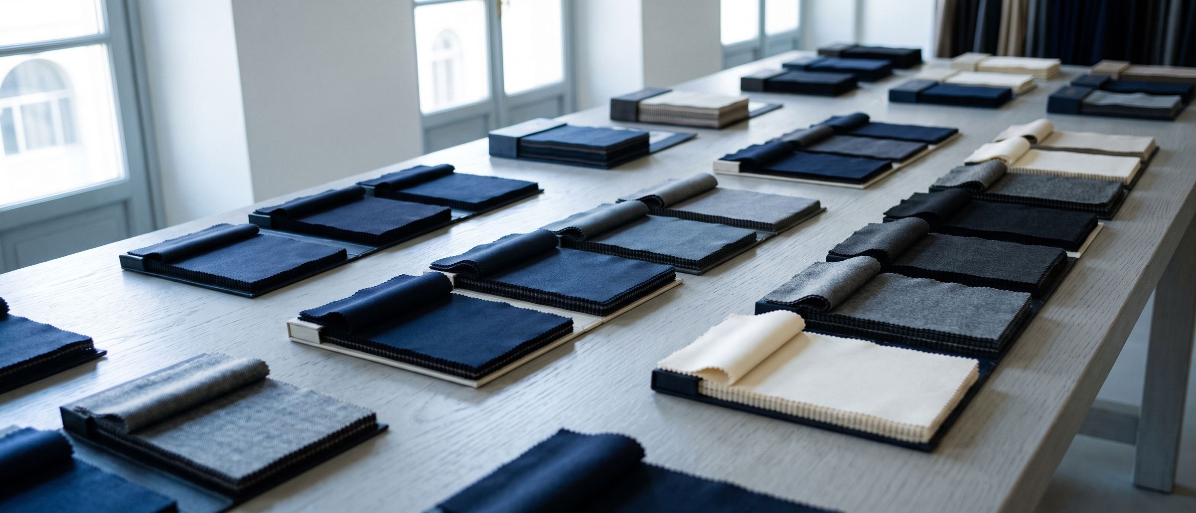 Open swatch books of navy and grey suiting on a table