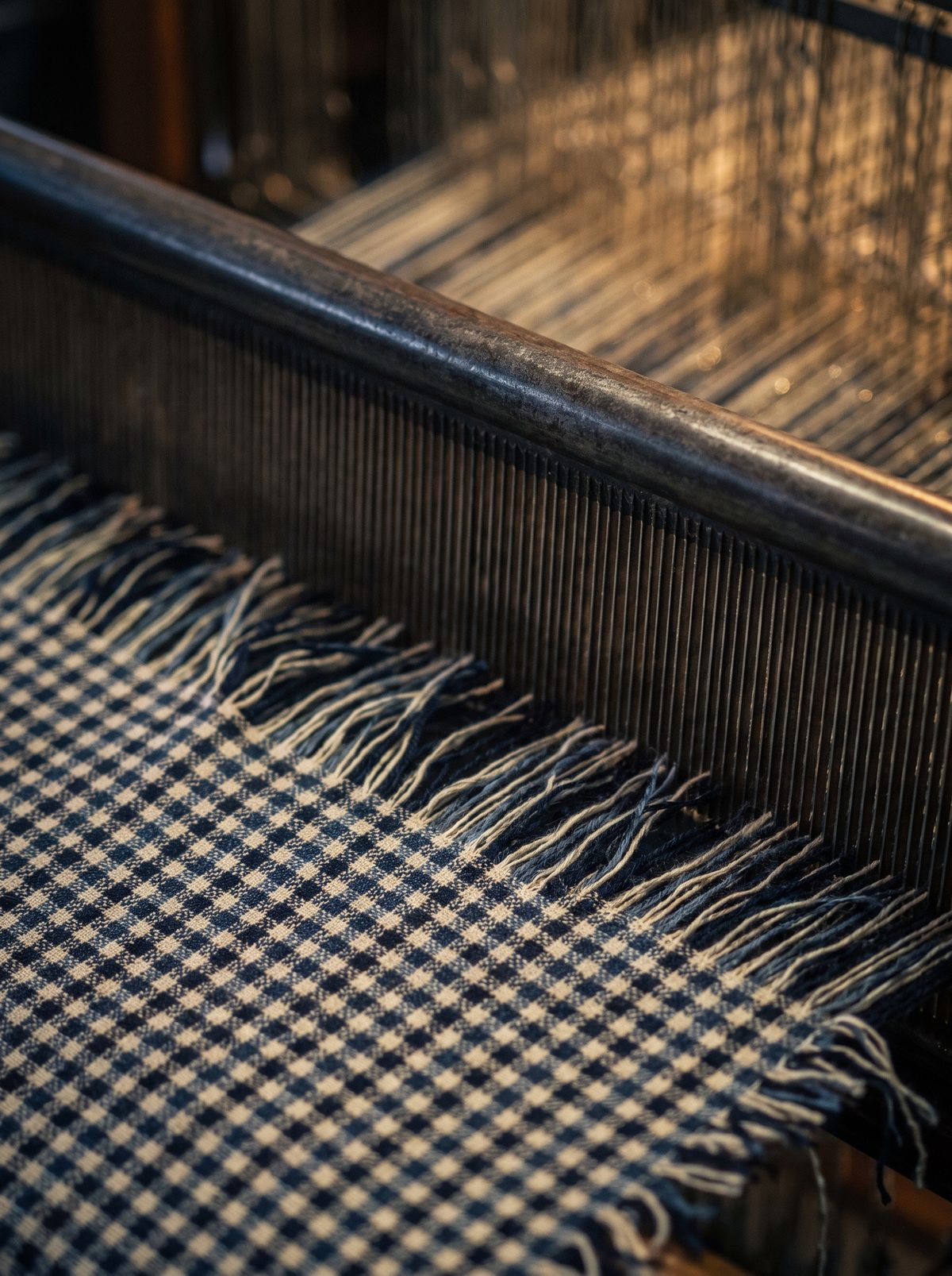 A navy and ivory check being woven at the loom