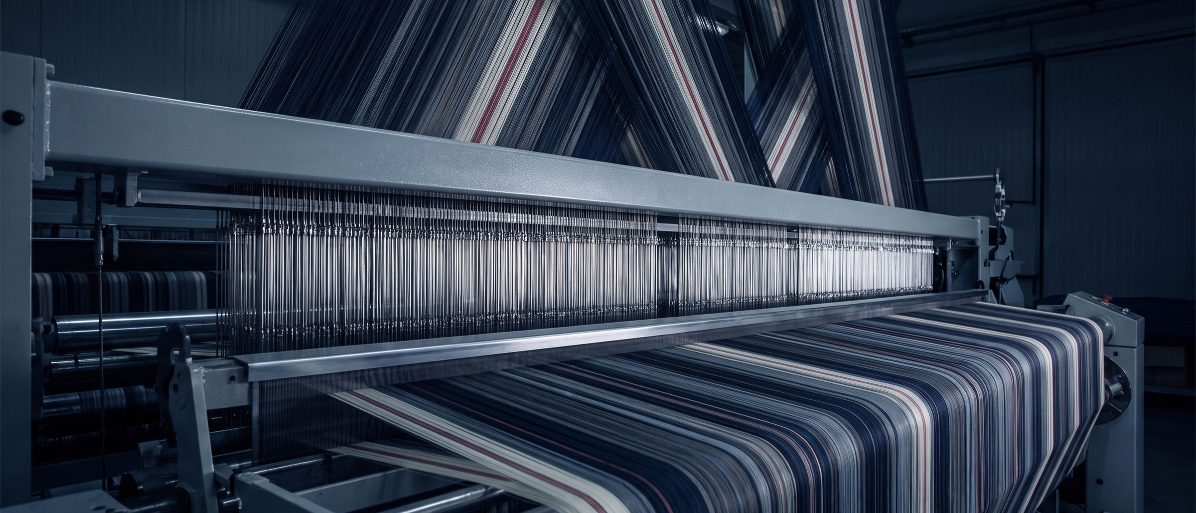 A steel loom weaving a navy and ivory warp
