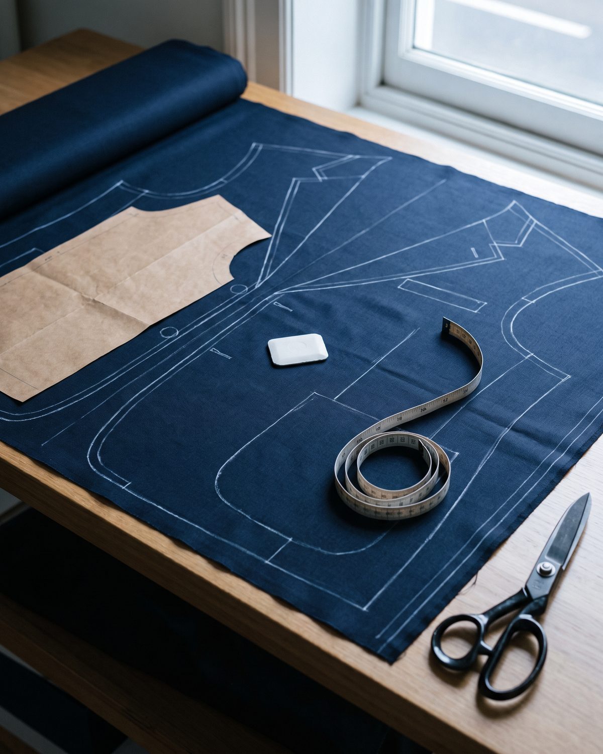 Navy suiting chalked for a jacket on a tailor's cutting table